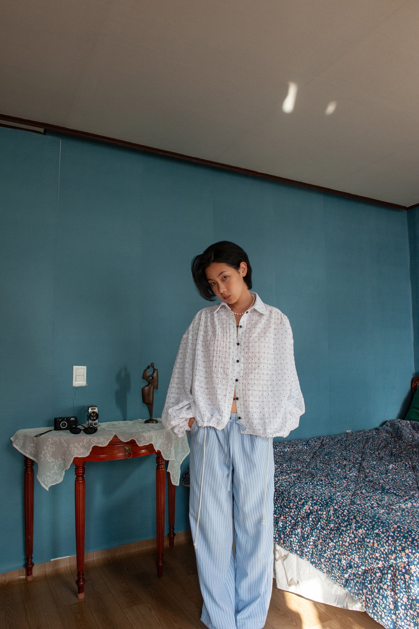 Polka Dot Balloon Sleeve Shirt | White