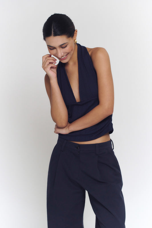 Pointelle Halter Top | Navy