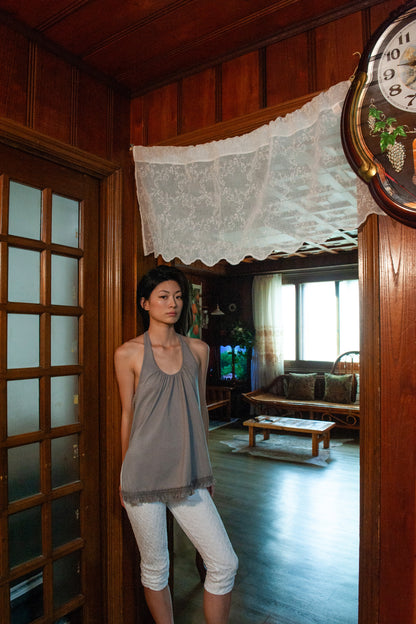 Ruffle Lace Halter Top | Grey