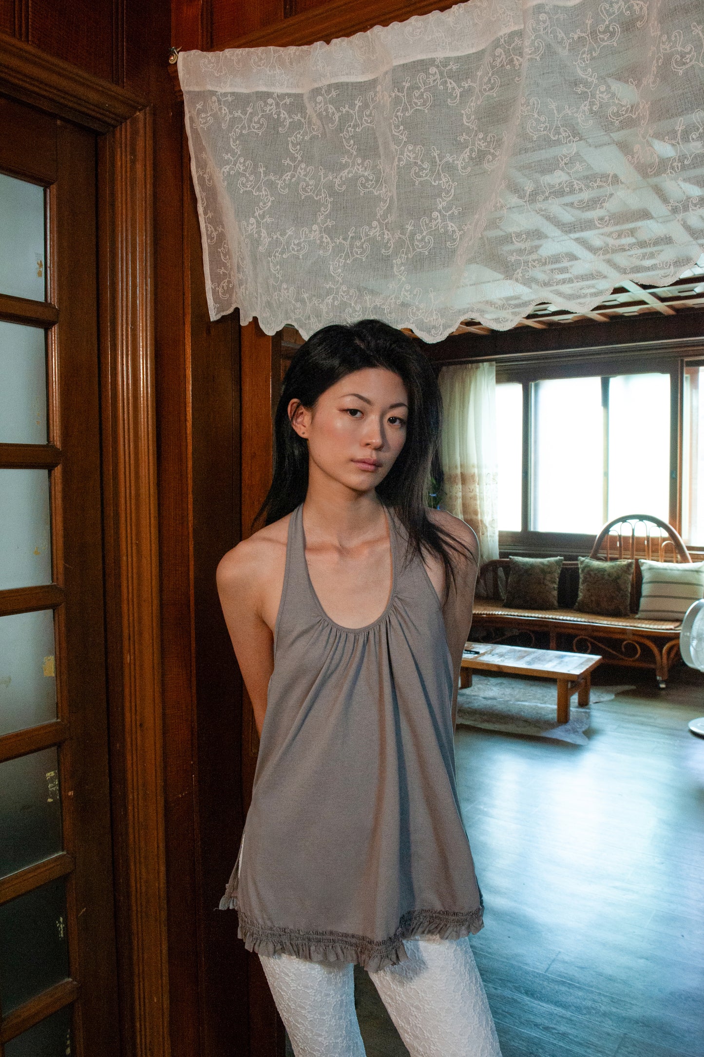 Ruffle Lace Halter Top | Grey