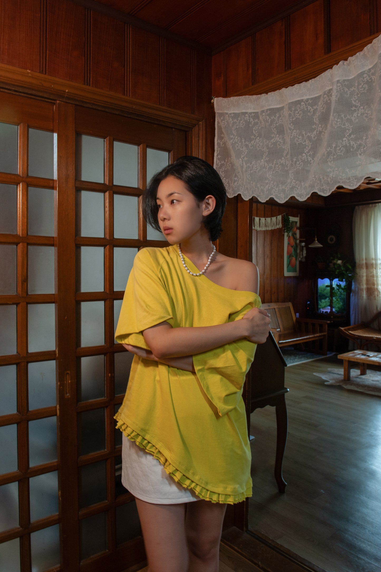 Loose Fit Ruffle Hem Tee | Mustard