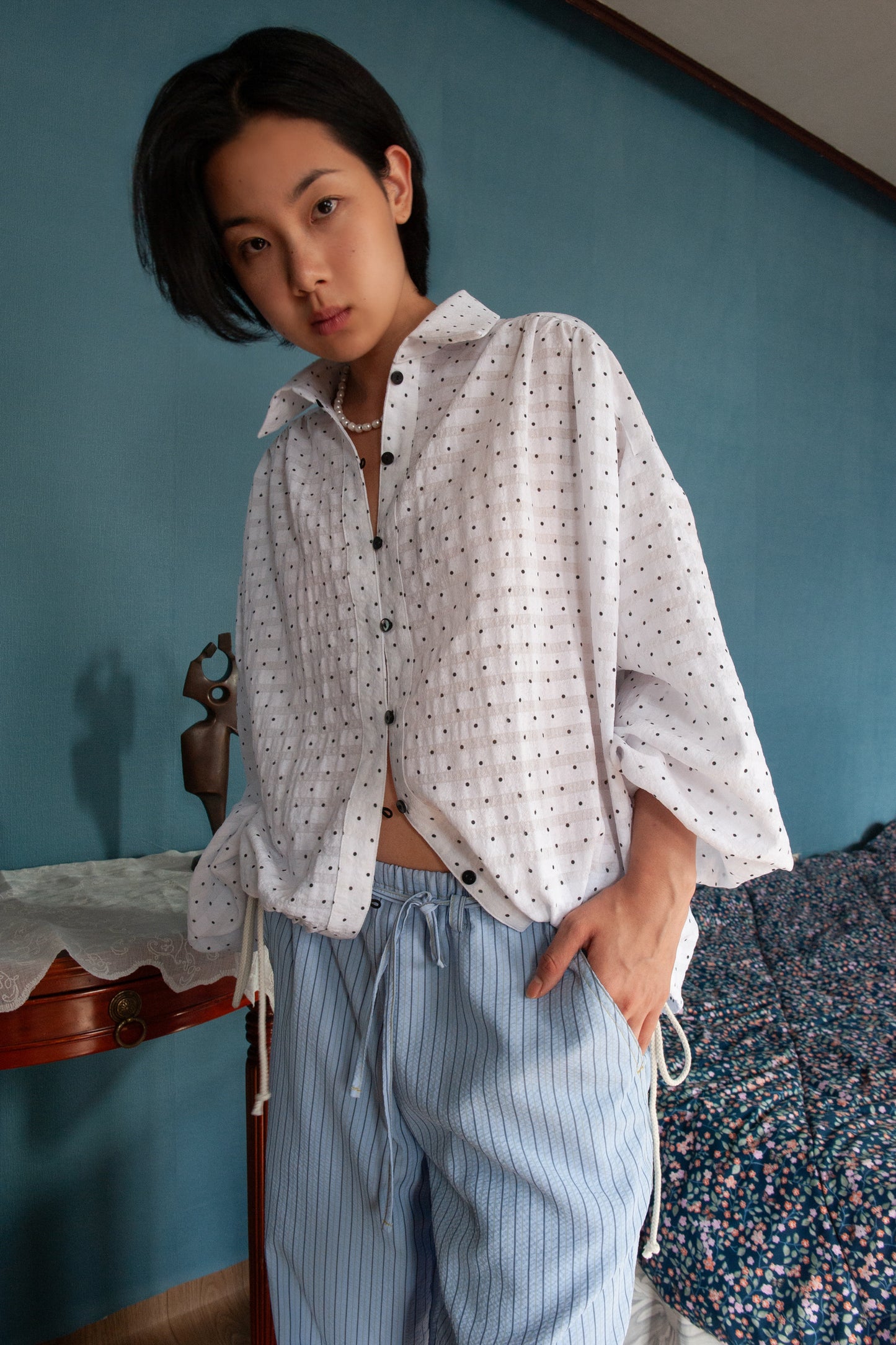 Polka Dot Balloon Sleeve Shirt | White