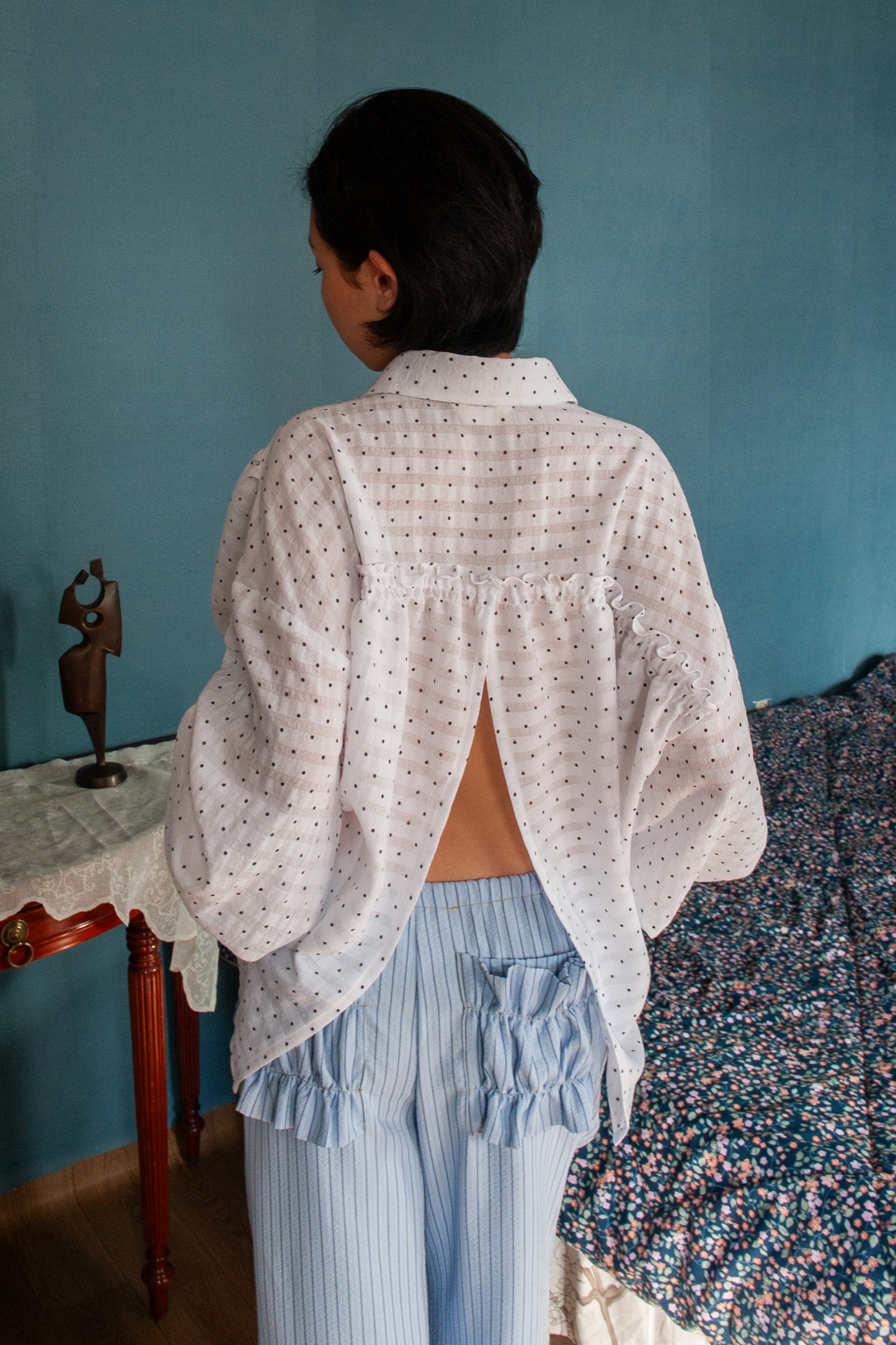 Polka Dot Balloon Sleeve Shirt | White