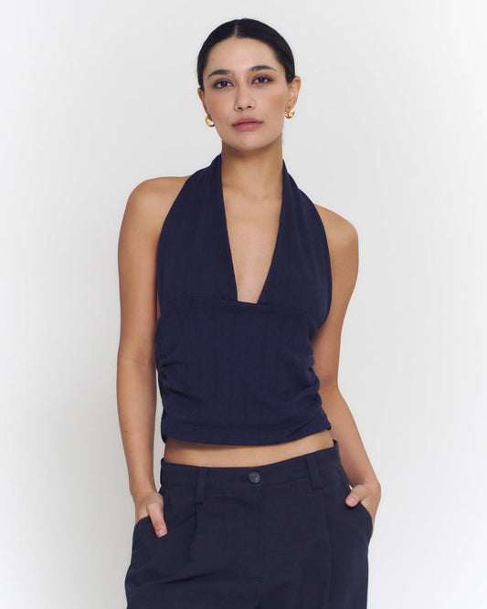 Pointelle Halter Top | Navy