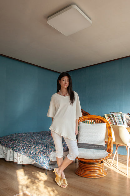 Loose Fit Ruffle Hem Tee | Off White