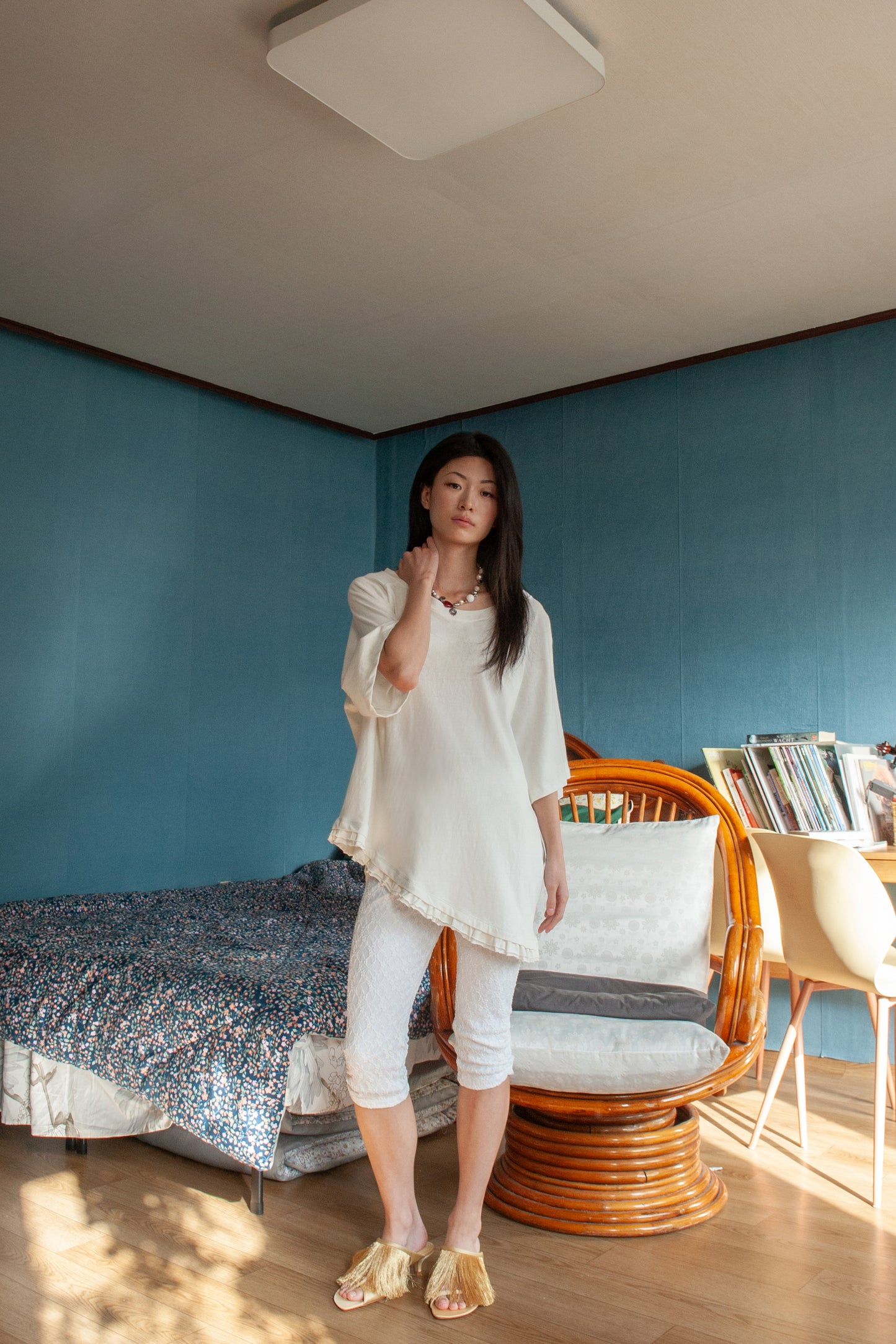 Loose Fit Ruffle Hem Tee | Off White