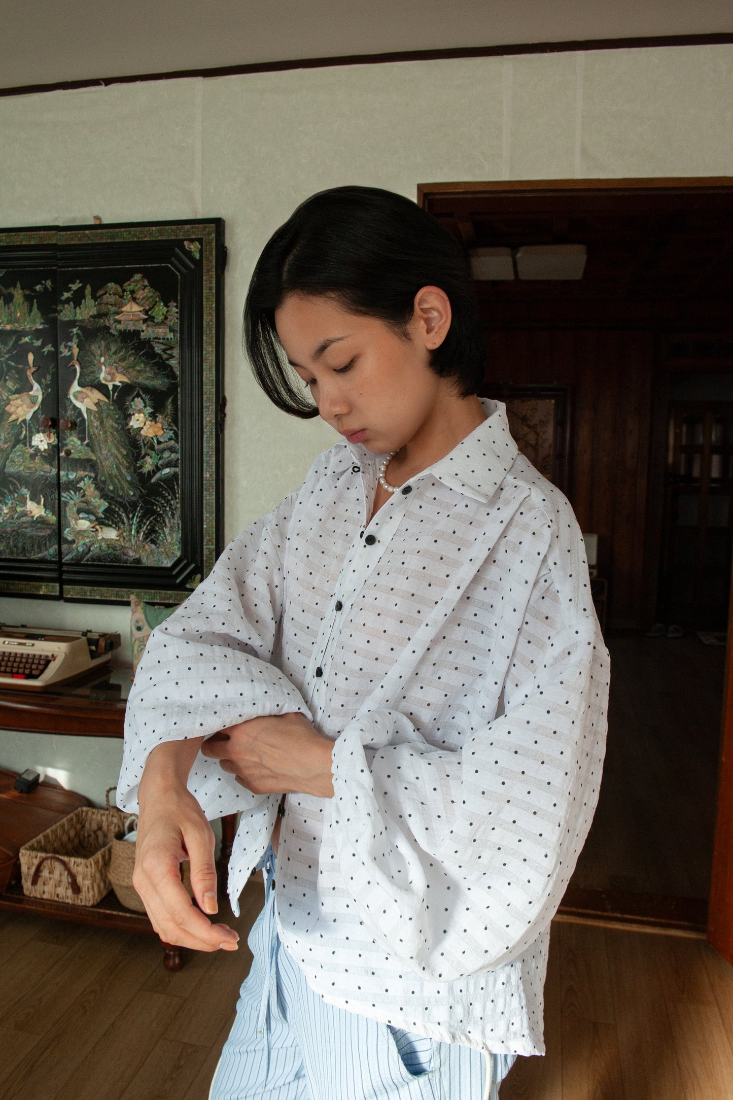 Polka Dot Balloon Sleeve Shirt | White