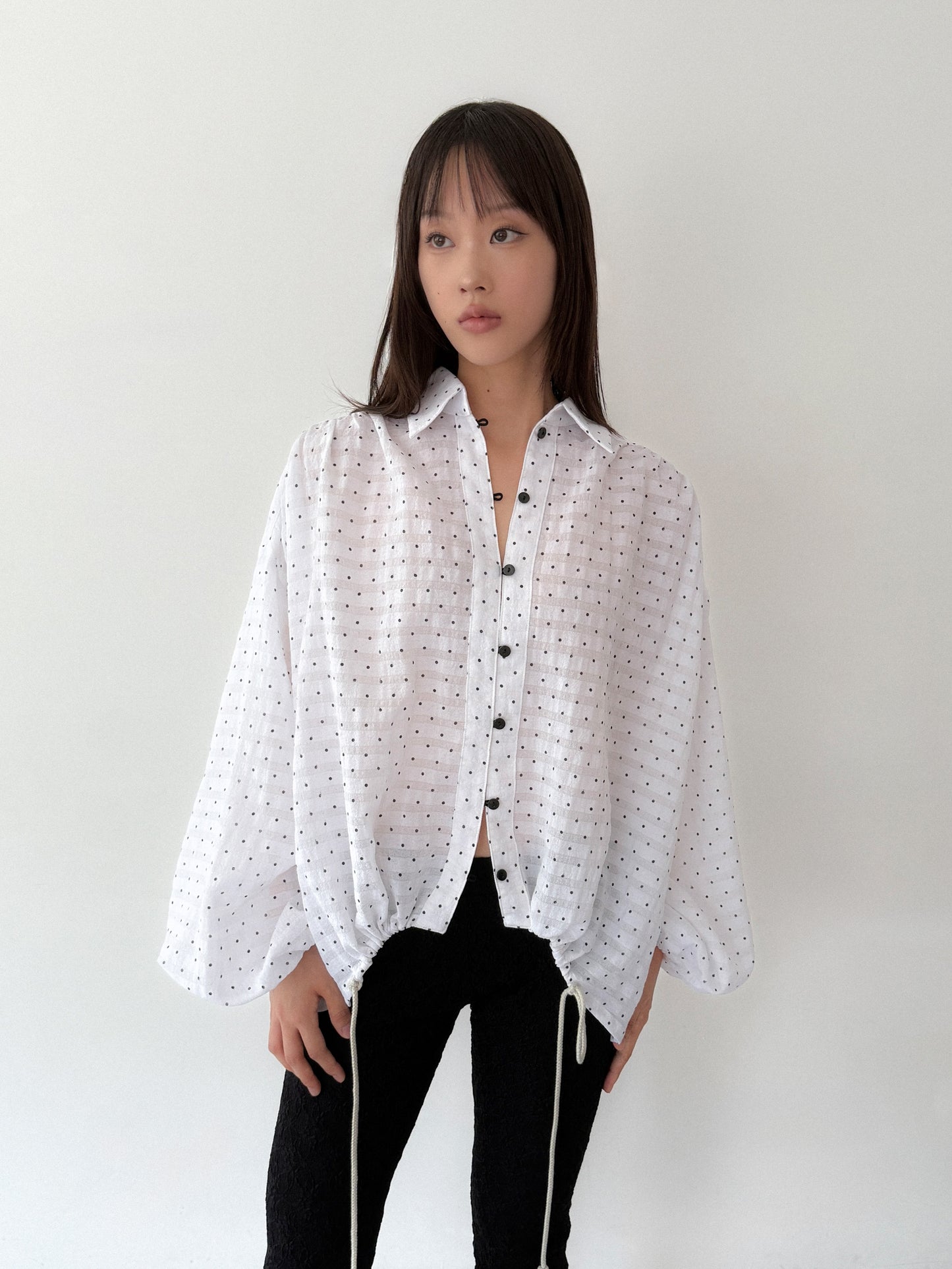 Polka Dot Balloon Sleeve Shirt | White