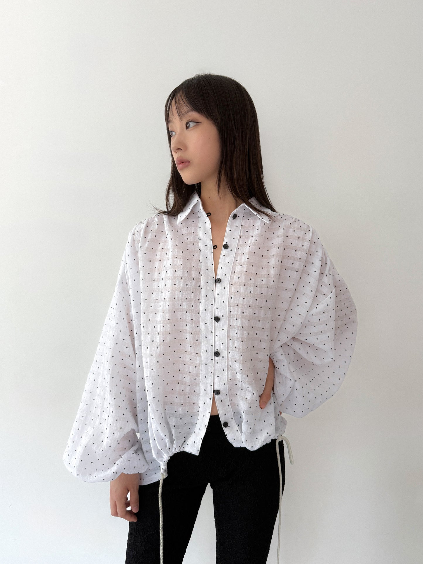 Polka Dot Balloon Sleeve Shirt | White