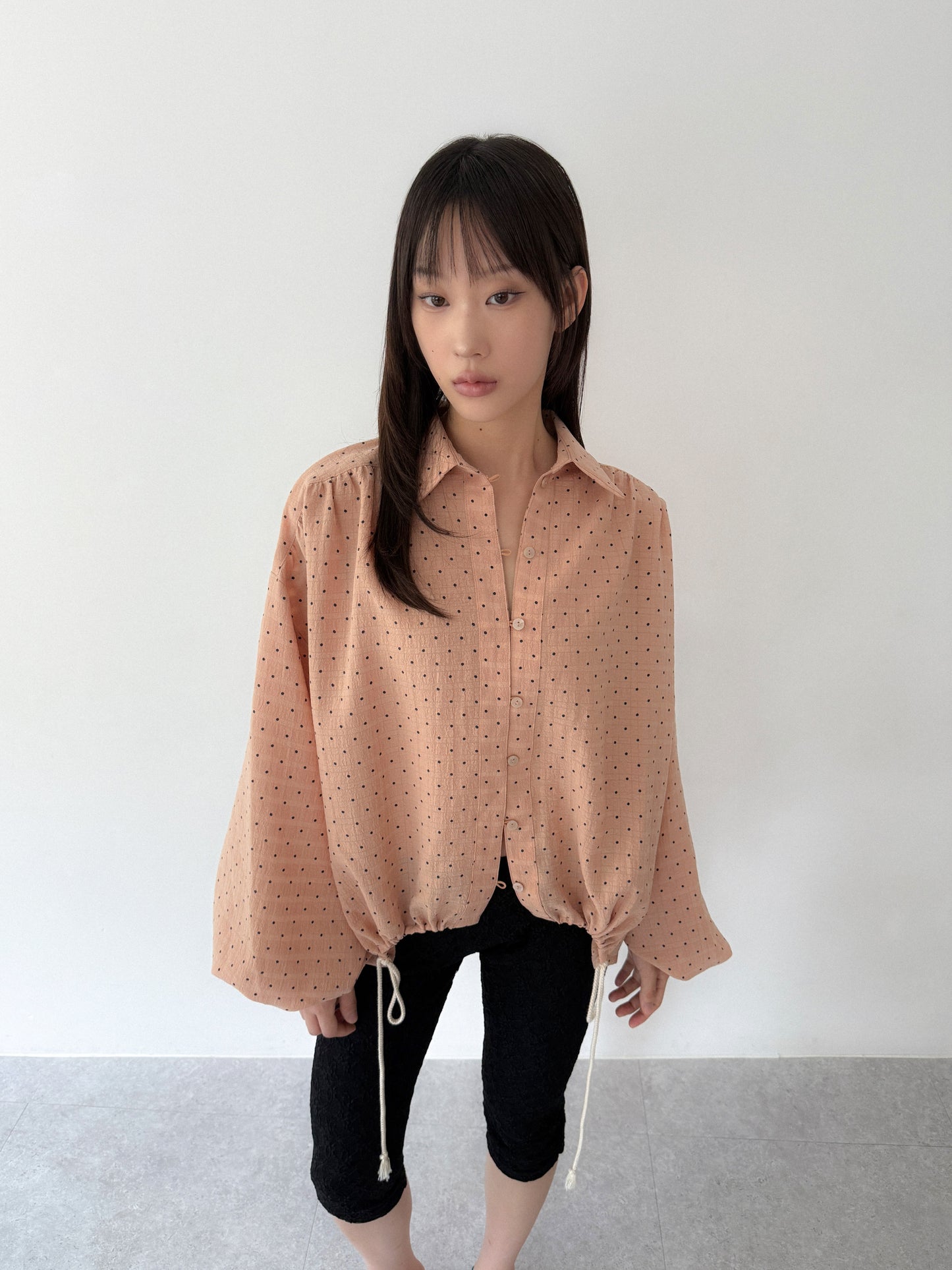 Polka Dot Balloon Sleeve Shirt | Beige