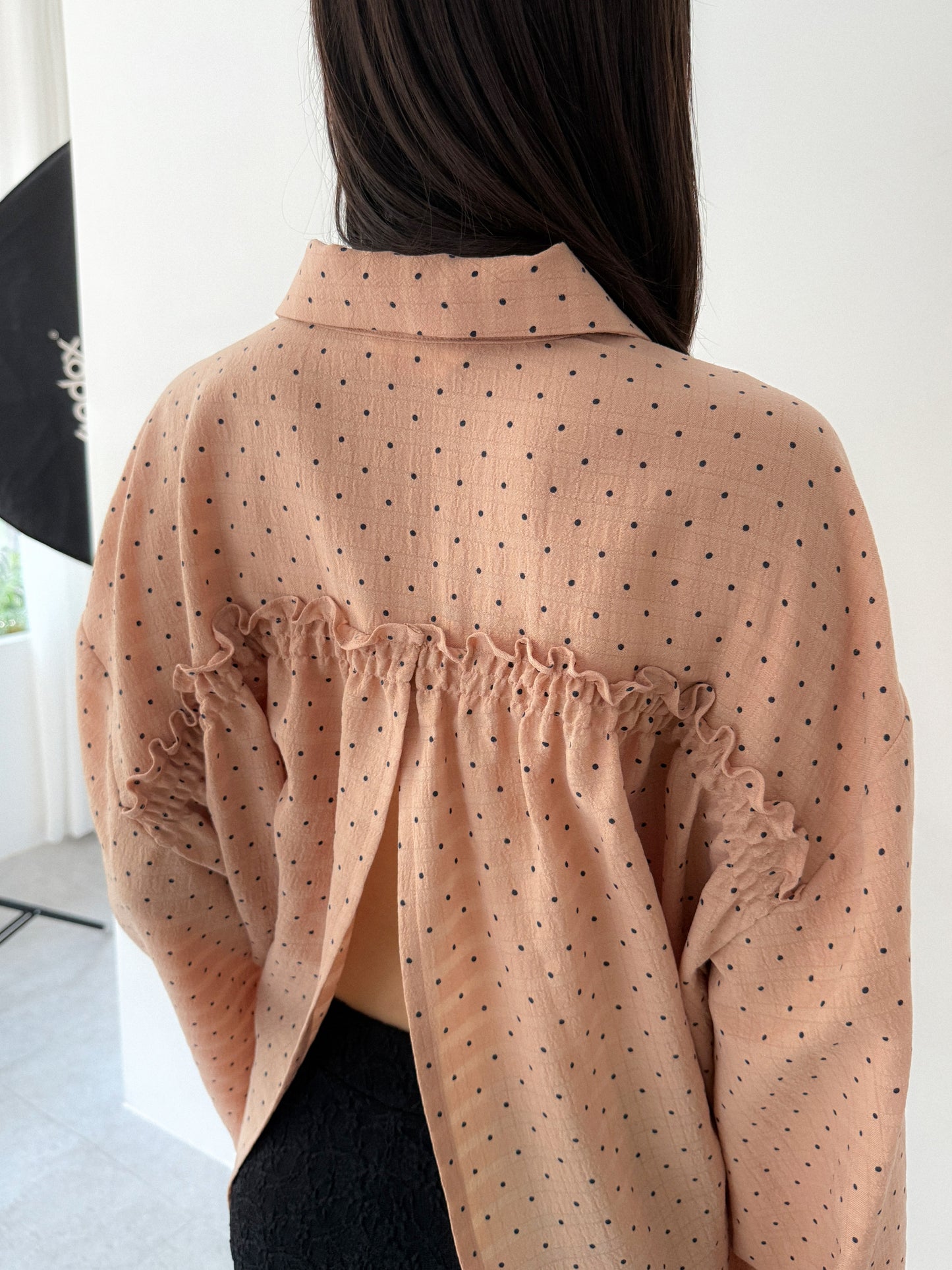 Polka Dot Balloon Sleeve Shirt | Beige