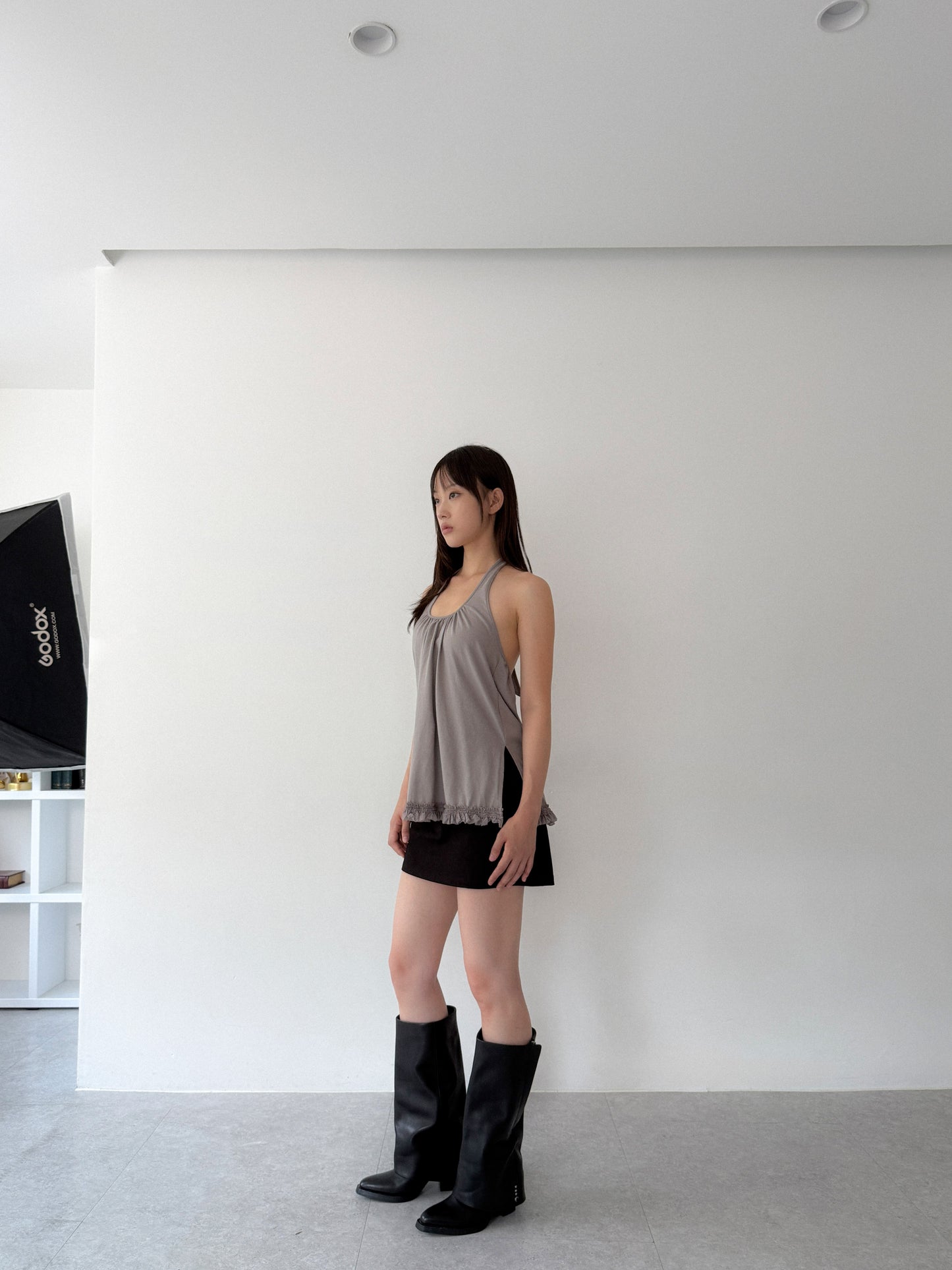 Ruffle Lace Halter Top | Grey