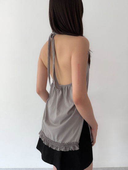 Ruffle Lace Halter Top | Grey