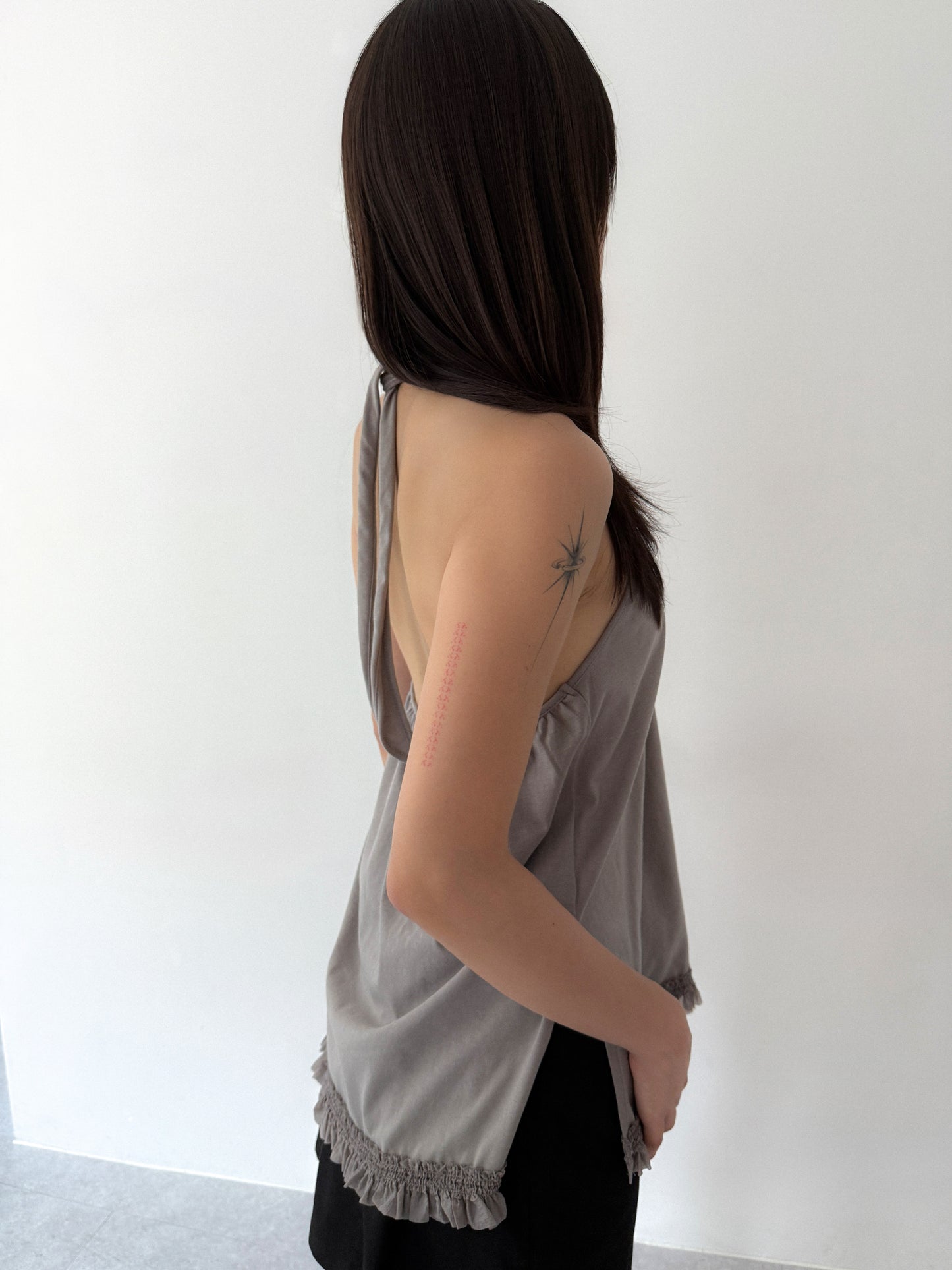 Ruffle Lace Halter Top | Grey