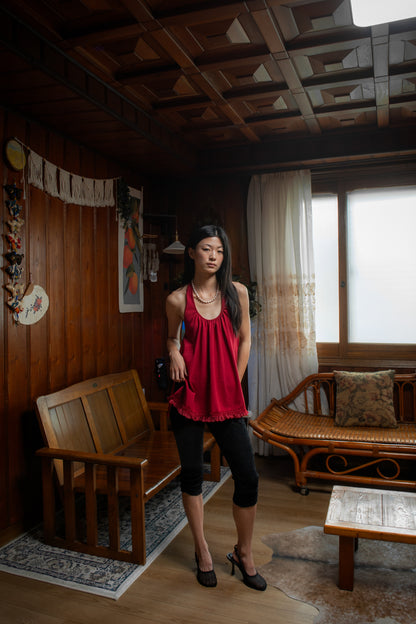 Ruffle Lace Halter Top | Red