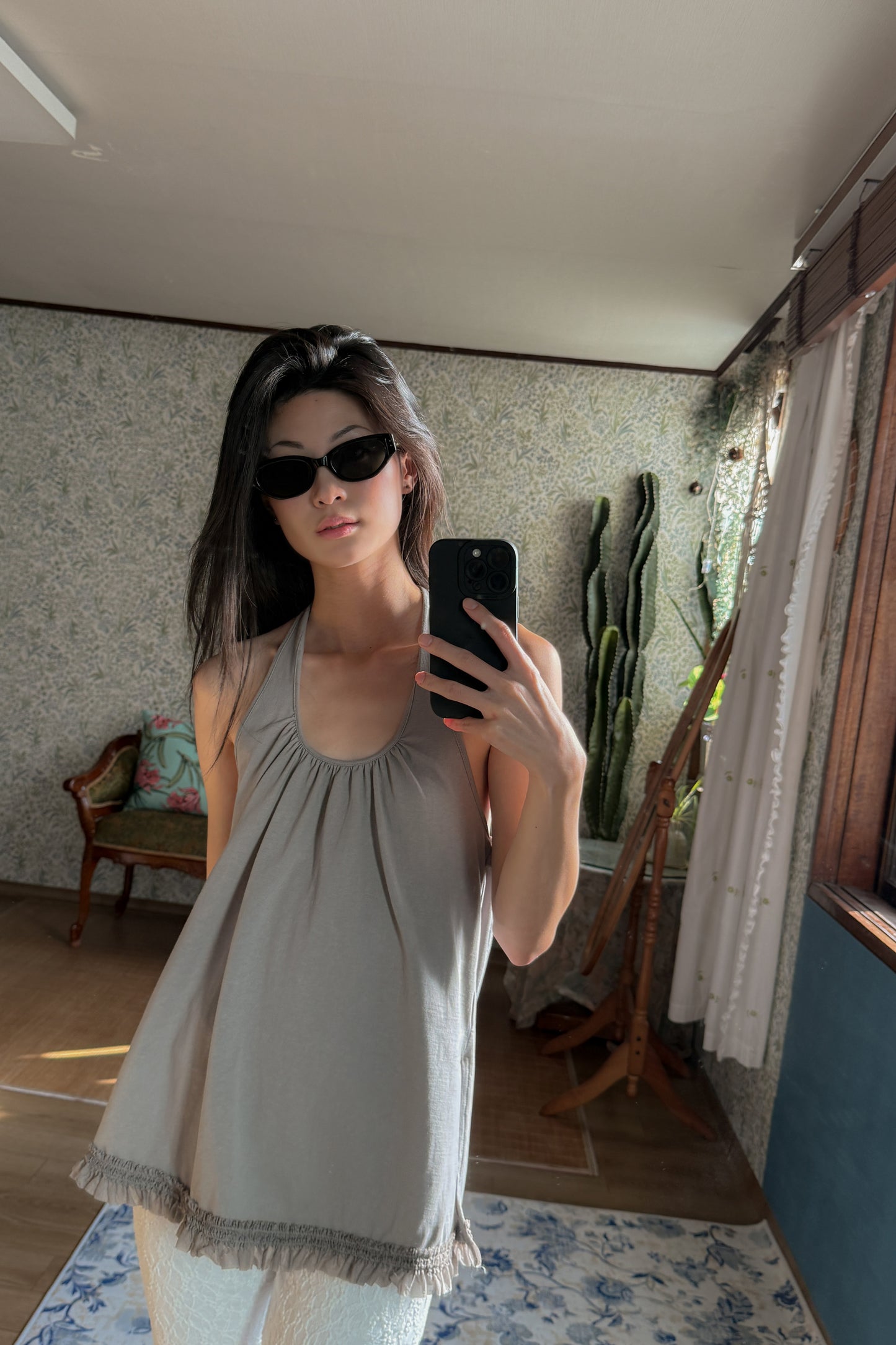 Ruffle Lace Halter Top | Grey