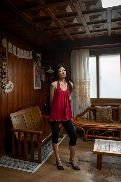 Ruffle Lace Halter Top | Red